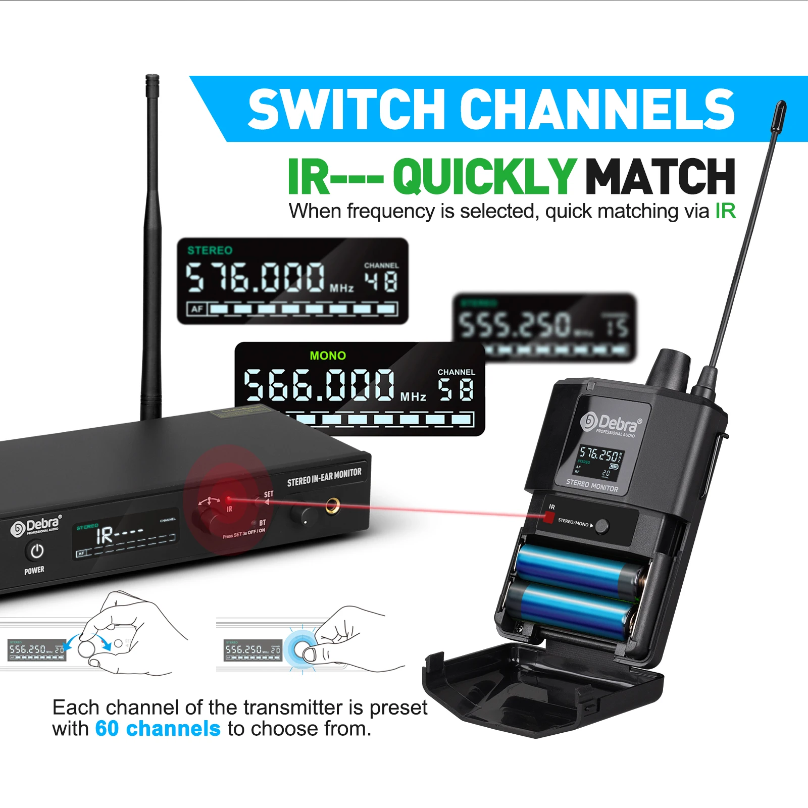 Debra UHF IEM Stereo ST-202 Professional Wireless In-Ear Monitor System 560-590M