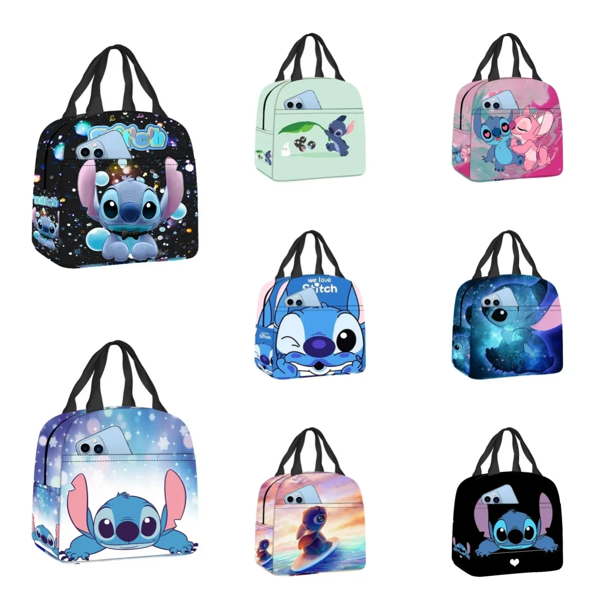 Disney Lilo Stitch Cute Cartoon Printing Lunch Bag Student Portable Insulation Effect Lunch Box Bag Oxford Fabric Material Bag