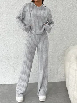 Spring Autumn Solid Color High Waisted Hooded Sweatshirt 2-piece Set Women's New Fashion Slim Knitted Casual Loose Two-piece Set