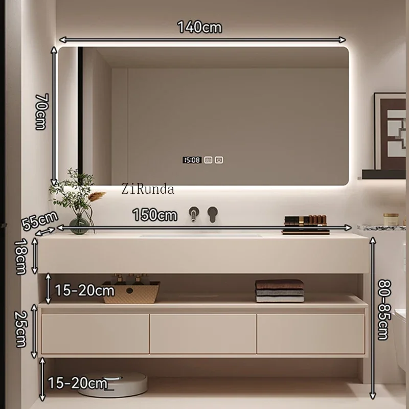 Nordic Cream Style Rock Plate Bathroom Cabinets Wall-mounted Storage Smart Mirror Cabinets with Lamp Furniture Arredo Bagno FYBC