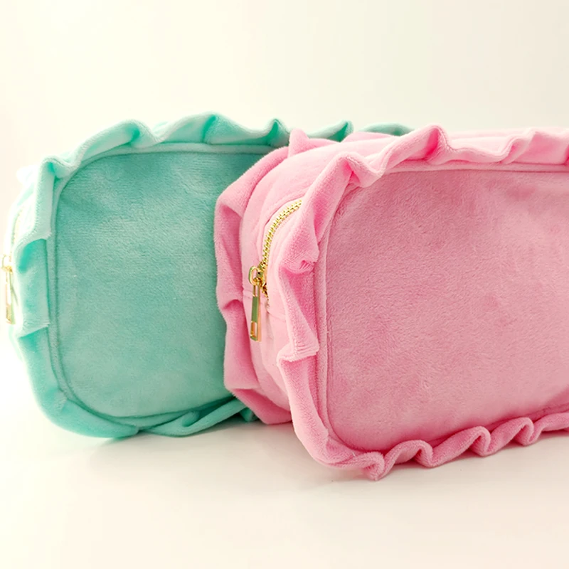 4 Size Cosmetic Bag Lotus Leaf Lace Cosmetic Bag Custom Pink Green Toiletry Bag Travel Cosmetic Bag Crystal Velvet Makeup Bag
