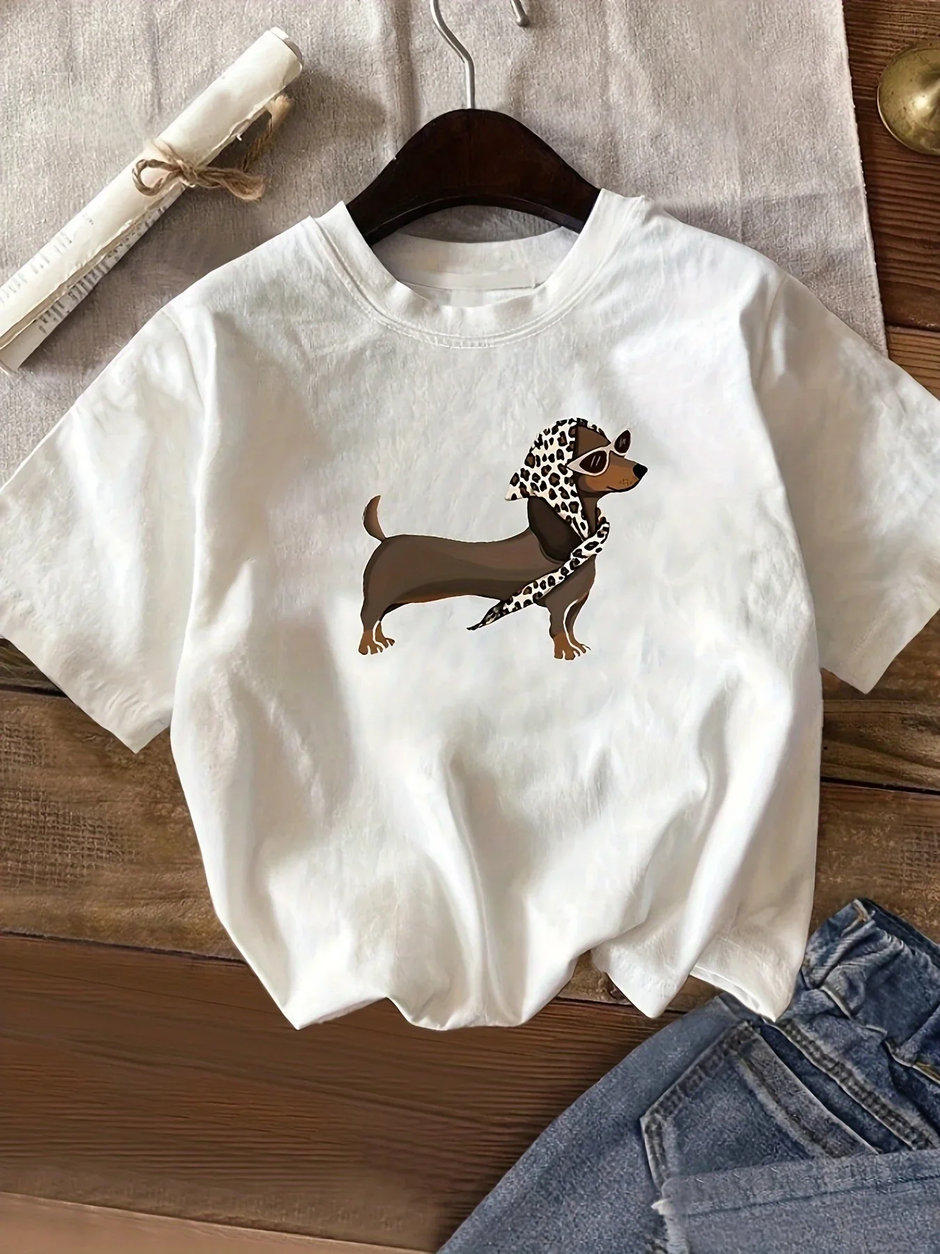 Summer Clothing Women's Casual Dachshund Leopard Print Short Sleeve T-Shirt White Crew Neck Summer Tops and Comfortable 1