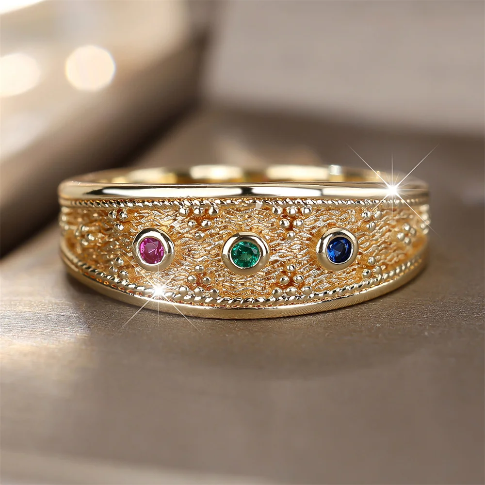 Multicolor Zircon Small Round Stone Rings For Women Vintage Gold Color Engagement Bands Wedding Jewelry Bridal Birthday Gifts