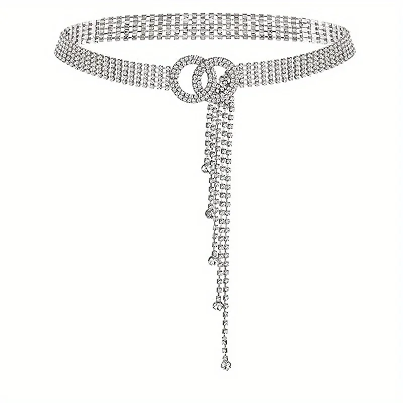 Elegant waist chain for women made of rhinestones, double shiny Y2K dress with a circular ring, belt strap, stylish 2O