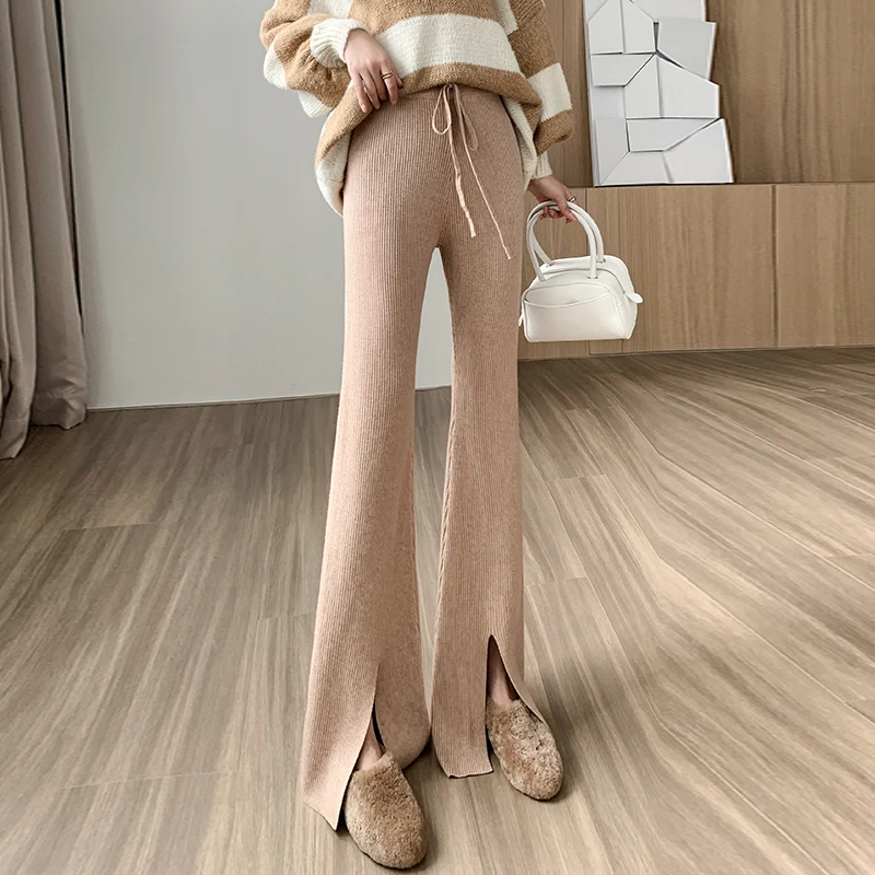 Design Knit Stretch Flare Pants Women Fall Winter Split Cuff High Waist Wide Leg Split Straight Korean Fashion Leggings Pantalon