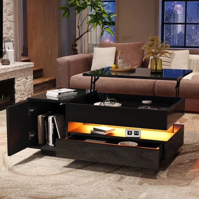 Table basse élévatrice moderne, table de canapé, table d'appoint avec tiroir, placard, LED, table à thé haute brillance, pour le salon 1