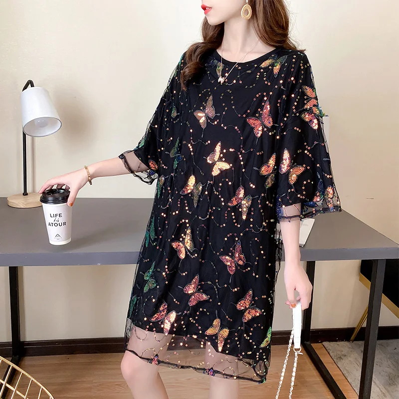 

#0603 Black White T Shirt Dress Women Short Sleeves Spliced Mesh Double Layer Loose Mini Dresses Ladies Sequined Summer 2024