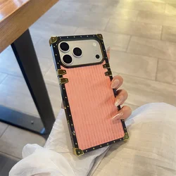 Luxurious PU Leather Line Plating Phone Case - Elegant Protective Cover Shell for iPhone 15 Plus (Pink)