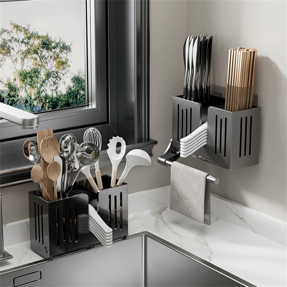 

Plastics Wall Mounted Kitchen Drying Rack Cutlery Holder With Drip Tray Chopsticks Holders Fork Chopsticks Storage Basket Rack