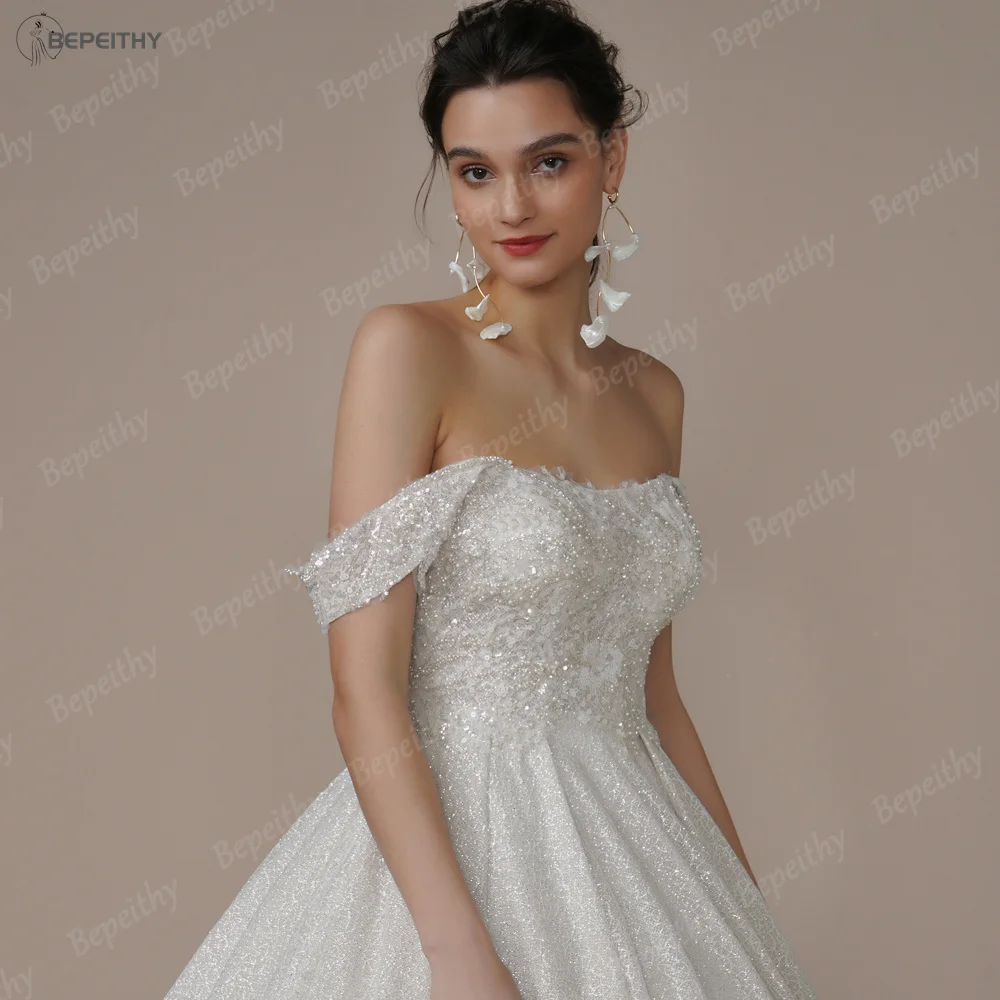 BEPEITHY Customized Luxury Strapless A Line Glitter Wedding Dresses Off The Shoulder Women Ivory Bling-Bling Bride Bridal Gown 5