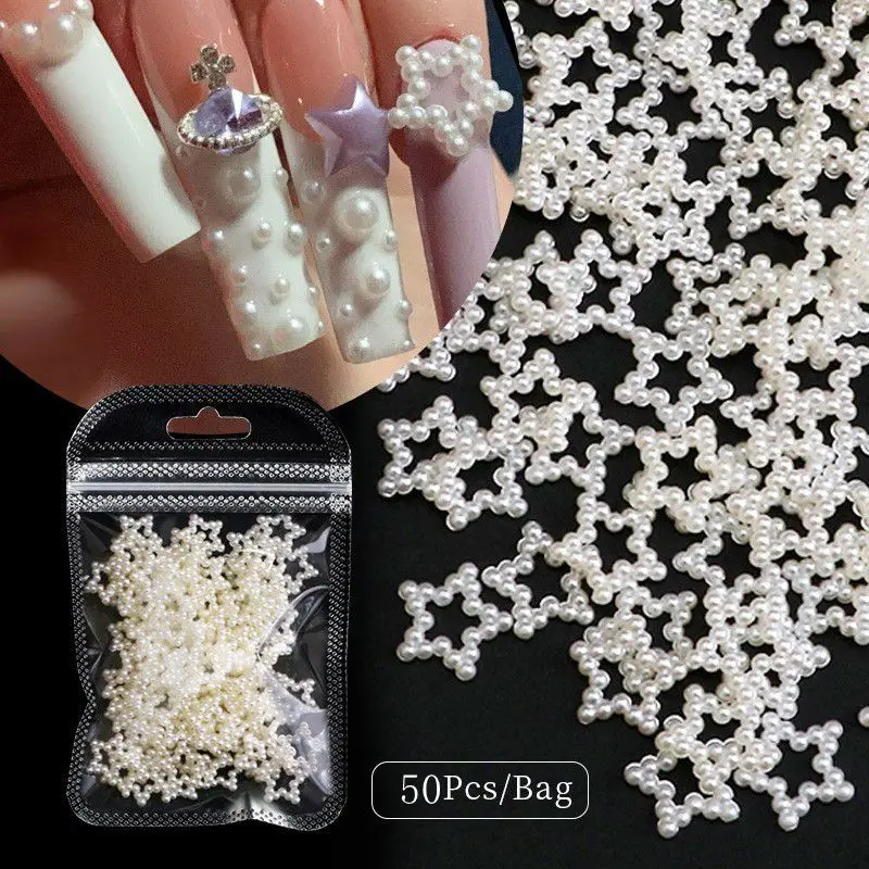 Elegant Pearl Heart Nail Art Charms Set - 50 Pieces 3D Decorative Beads and Rhinestones