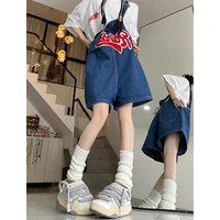 Women Streetwear Kawaii Denim Shorts Overalls Lady Fashion Embroidery Oversize Wide Leg Jeans Female Y2k Clothes Deep Blue Pants - Image 4