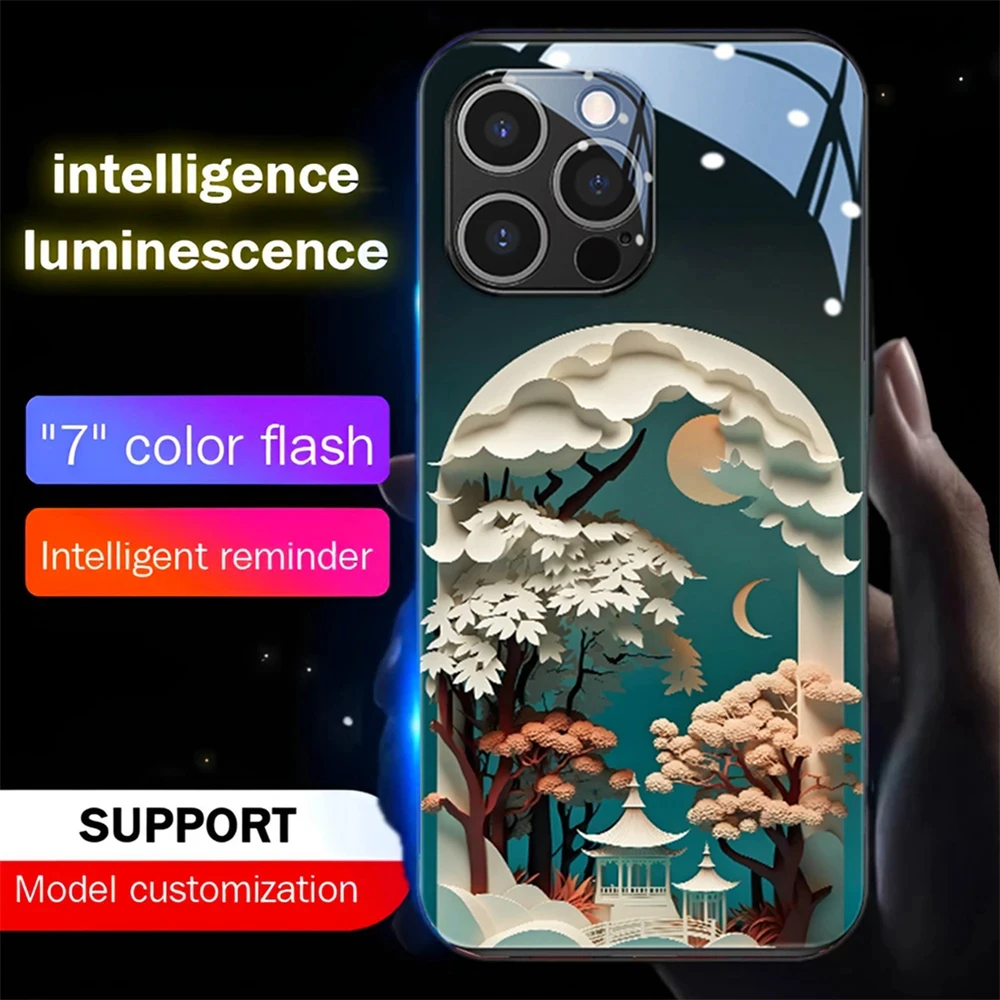 

Pretty Scenery Forest Smart LED Light Glow Tempered Glass Phone Case For XiaoMi 13 12 11 Pro Ultra RedMi K60 K50 Poco F3 F4 F5