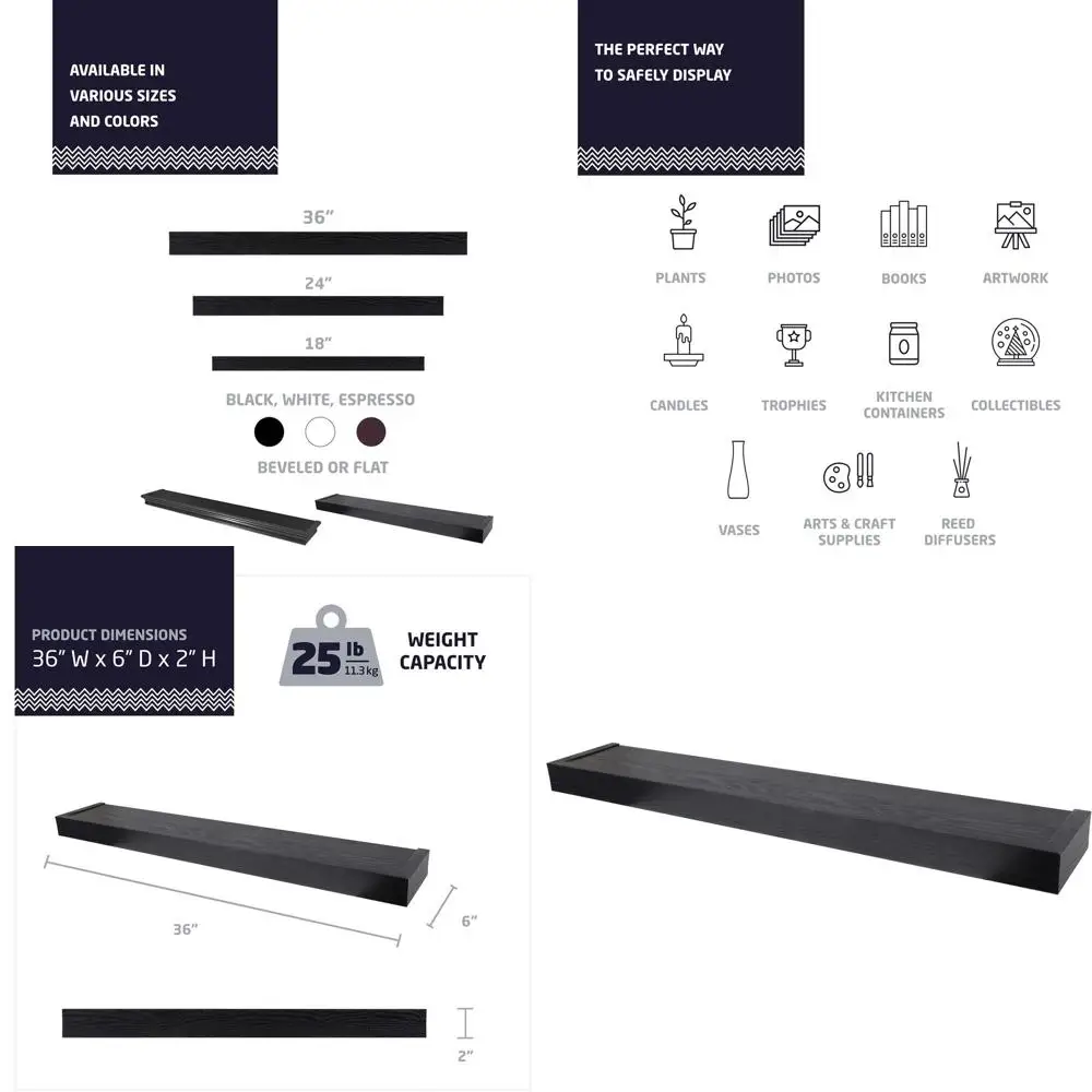 36 Floating Shelf, Holds 25lbs, Easy Wall Mount, eCommerce Packaging, Black