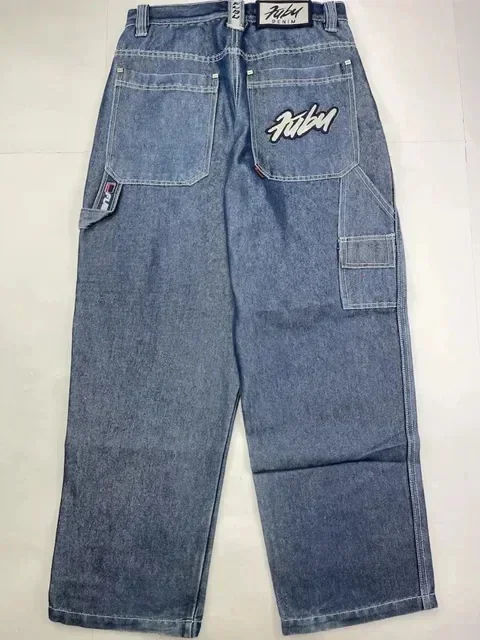 FUBU Jeans Retro Loose Jeans Pocket Embroidery Punk New Hip Hop Rock Men and Womens Streetwear Daily High Waisted Wide Leg Jeans 5