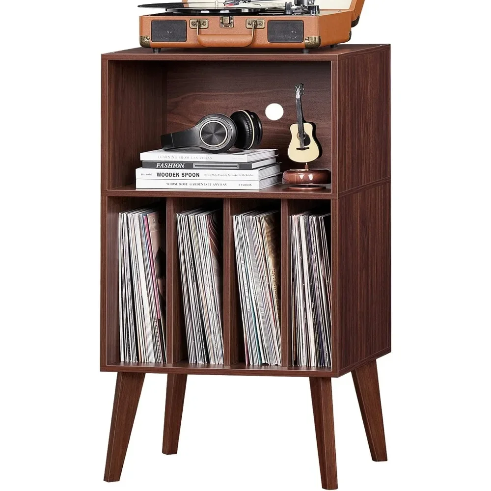 Record Player Stand, Walnut Turntable Stand Holds up to 160 Albums, Mid-Century Vinyl Storage Cabinet Table with Solid Wood Leg