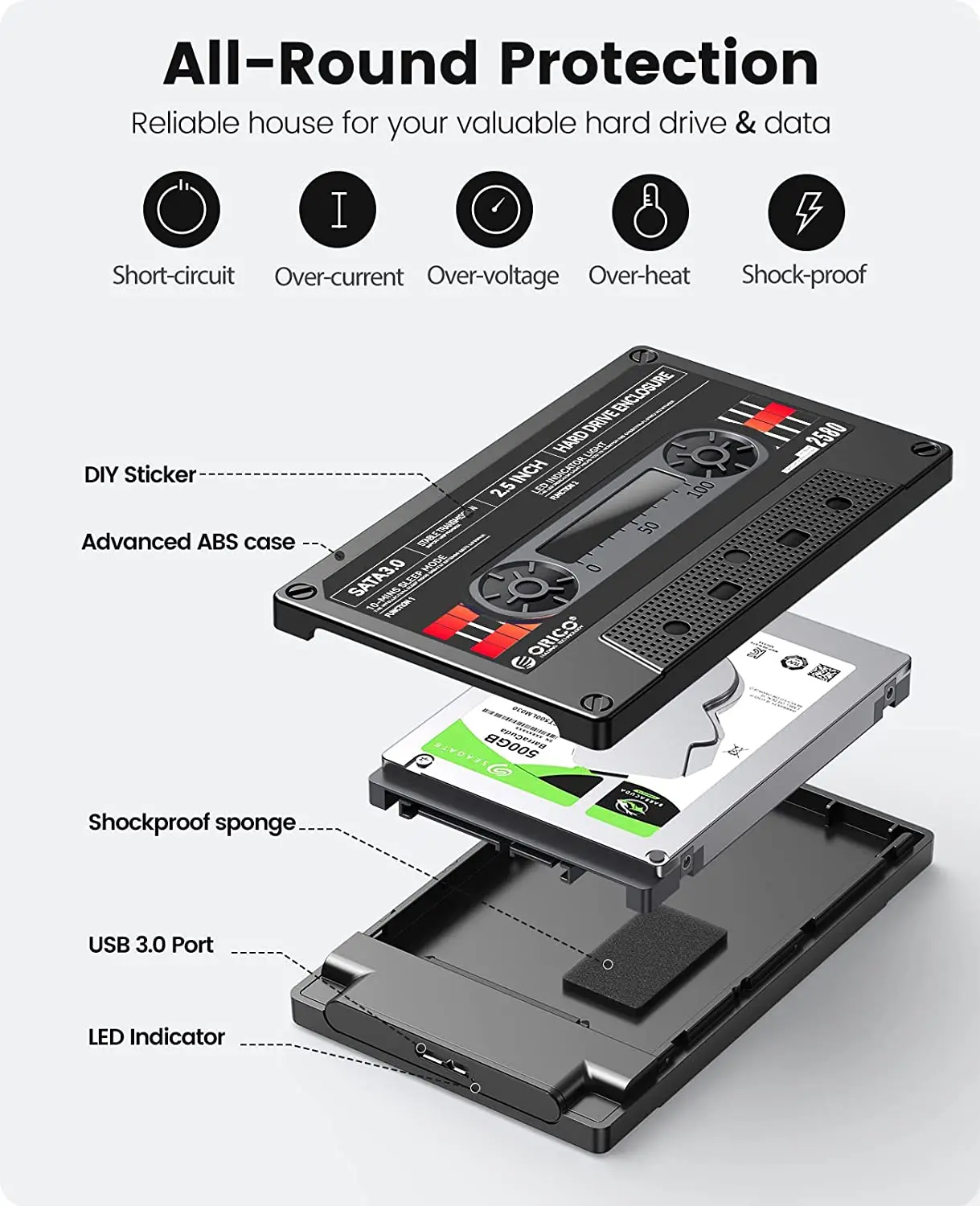 Orico-case de Disco Rígido Externo com Adesivo Faça Você Mesmo Gabinete Hdd Sata para Usb 3.0 tipo c 5gbps 6gbps 25 - Imagem 6