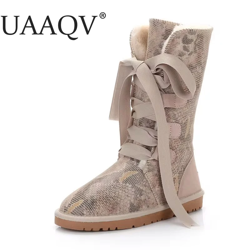 Women Knee Boots 100% Genuine Cowhide Leather Snow Boots Australia Classic Women High Boots Warm Winter Shoes For Women