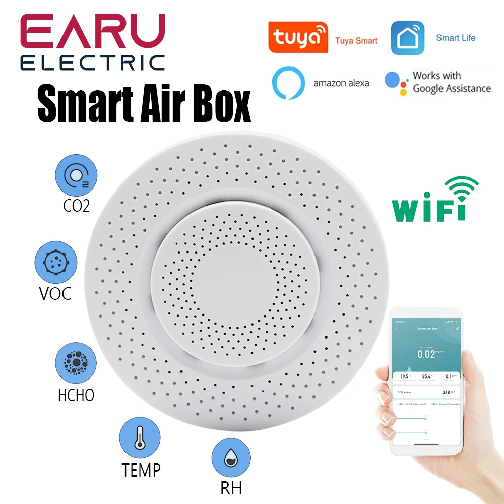 

Смарт-Датчик качества воздуха Tuya, Wi-Fi датчик формальдегида, VOC, CO2, датчик температуры и влажности, монитор через Alexa Smart Life