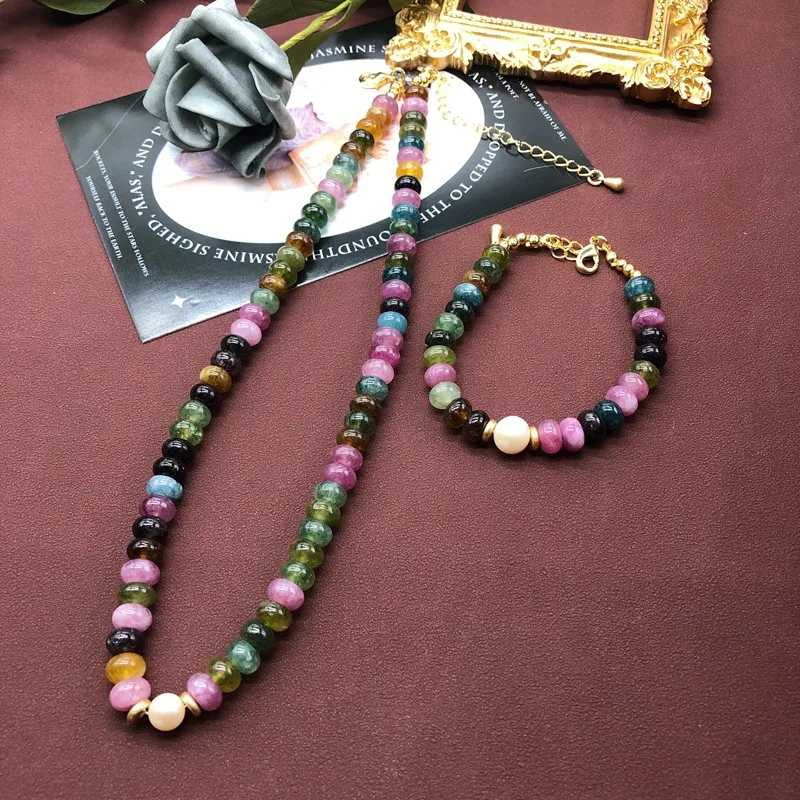 

European and American retro color tourmaline abacus beads necklace bracelet set