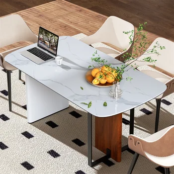 LUVODI 63” Rectangle Kitchen Dining Table Seat for 4-6 People White Marble Dining Table with Tempered Glass Thicken and Harden