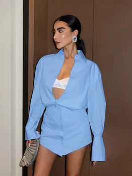 Abito camicia blu moda donna 2024 elegante mini abiti da donna da ufficio a maniche lunghe solidi abiti a matita sexy primaverili femminili 1