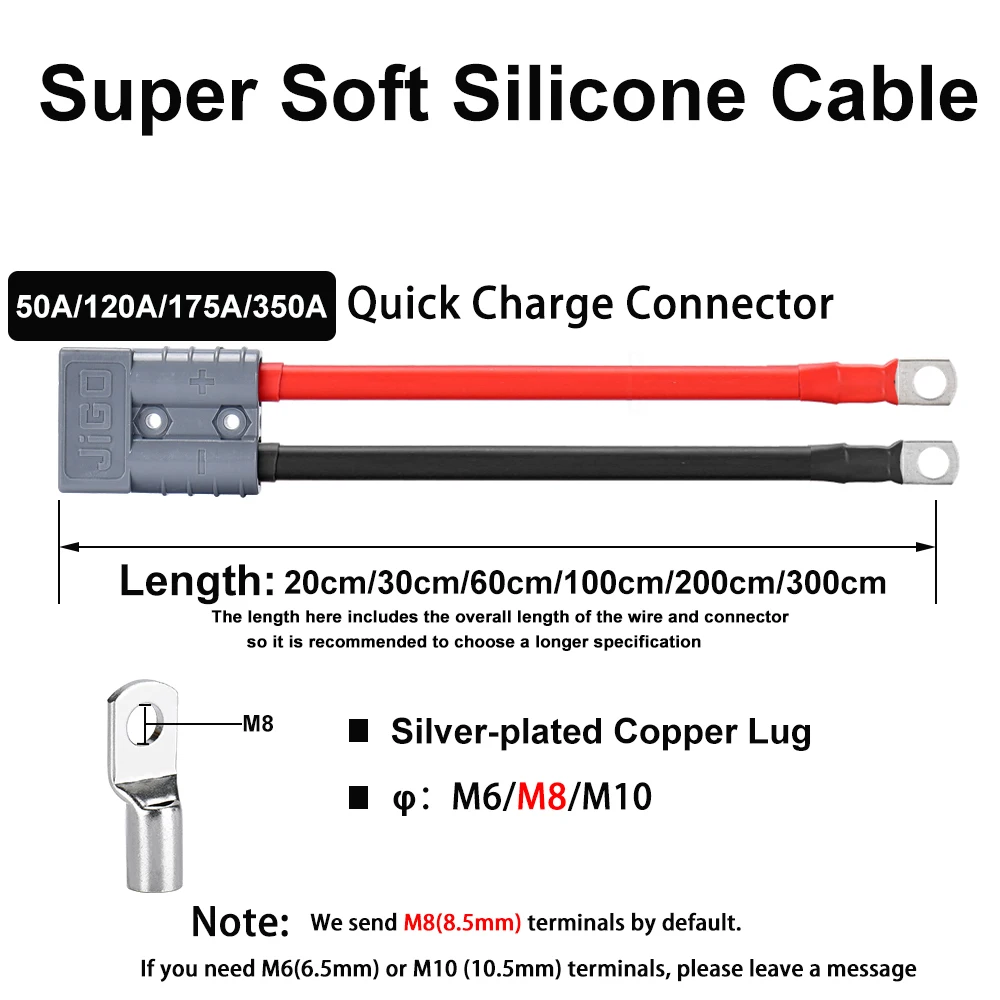 Set di cavi per batteria in Silicone morbido con spina ad alta corrente 50A 120A 175A 350A 0 ~ 8AWG connettore di ricarica rapida per auto elettrica a doppio polo