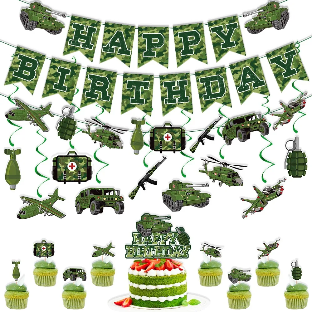 Camouflage Birthday Party Tank Cake Topper Happy Birthday Sign Cake Decor Soldier Camouflage Army Military Party Decors