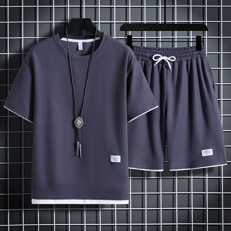 Summer Men's Waffle Sets Casual T-Shirt And Shorts Set Male Sports Suit Solid Color Tracksuit Loose Suits