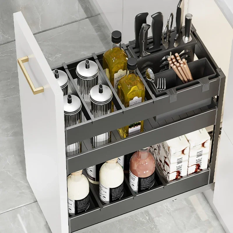 

Pull basket kitchen cabinets, aluminum alloy double drawer type seasoning pull, narrow cabinet storage, built-in