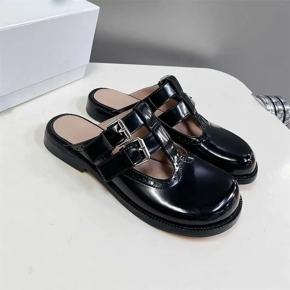 

2024 New Summer Casual Slippers Fashion Round Toe Shoes Women Concise Genuine Leather Women Shoes Chaussure Femme