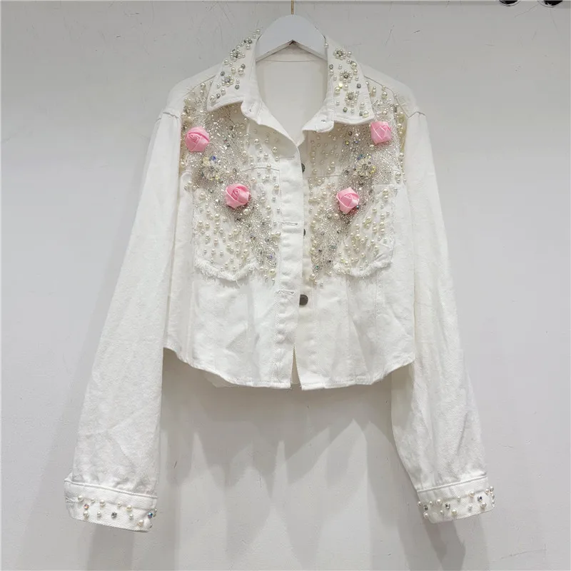 

Heavy Work Beading Embroidery Big Pocket Denim Jacket Women Loose Short Cowboy Outerwear Gradient Color Jeans Jacket Coat Female