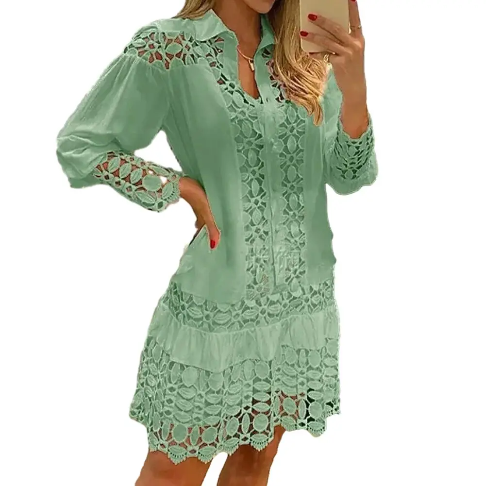 

Sexy Women's Hollow Out Lace Dresses Solid Color Single Breasted Splicing Long Sleeve Cutout Shirt Female Dress Clothing