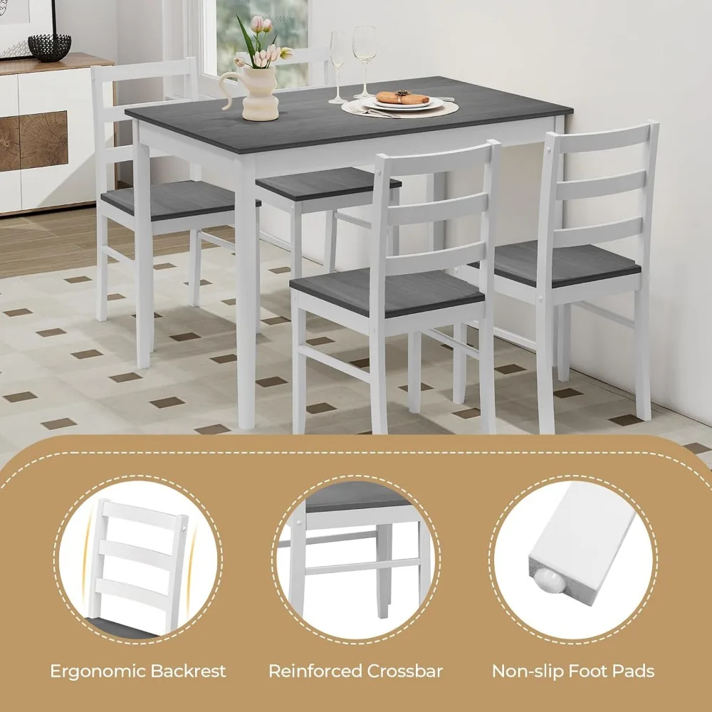 Dining Table Set for 4, Farmhouse Solid Wood Dinette Set w/Rubber Wood Legs, Mid-Century Modern Dining Table and Chairs 3