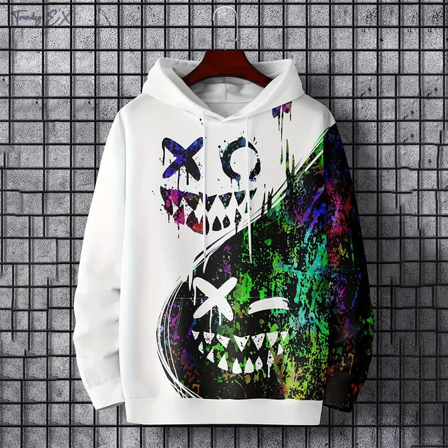 New autumn men's fashionable smiling face design printed soft and comfortable hooded sweatshirt outdoor streetwear 2