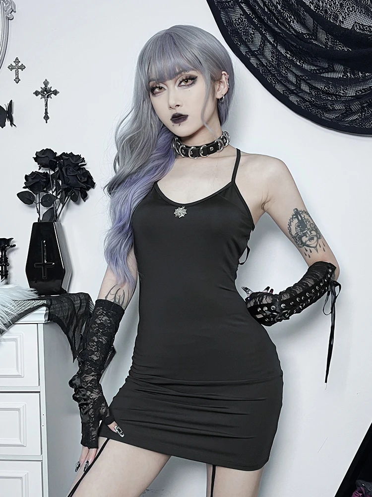 

New Gothic Hollow Out Spider Web Dress Women Harajuku Backless Sexy Sling Slim Mini Dress Summer Dark Y2K Aesthetic Clothing