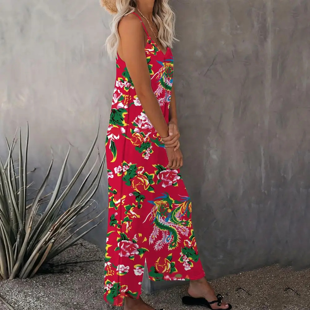 

Women Summer Jumpsuit Northeast Style Floral Print V Neck Jumpsuit with Side Pockets Chinese Vacation Wear for Women Wide Leg