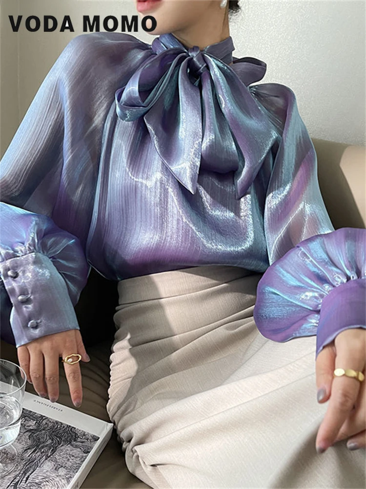 Spring Summer Women Fashion Blouse Elegant Turn Down Collar Female Blouse Long Sleeve Shirts Tops Gentle Wind Satin Silk Shirt