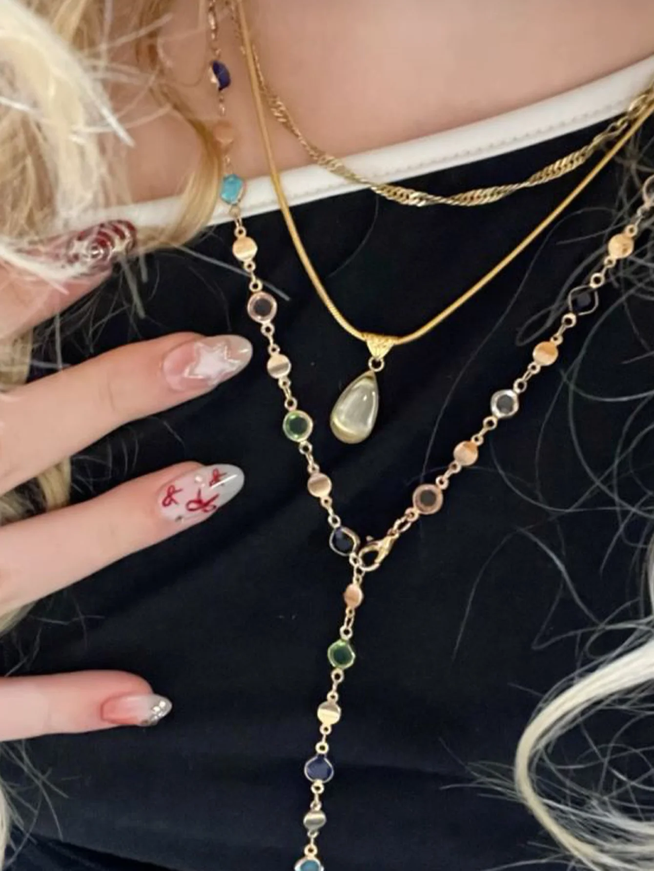 Minimalist Cats Eye Stone Water Drop Crystal Pendant Stacked Long Chain Jewelry