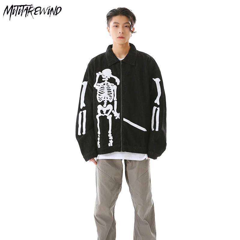 

High Street Embroidery Loose Jackets Men Oversized Casual Streetwear Zipper Turn Down Collar Outerwear Long Sleeve Male Coats