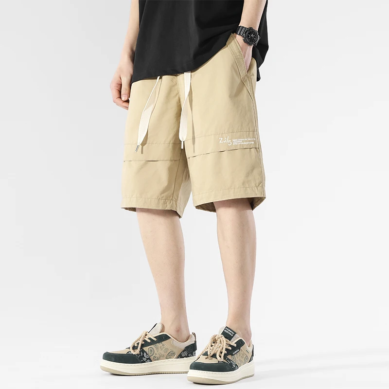 Men's Summer Drawstring Elastic High Waist Letter Printing Pockets Solid Casual Sports Loose Workwear Trousers Fashion Shorts