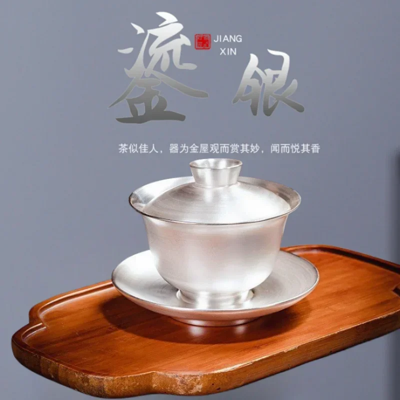 Master Hand Relief Sancai Bowl 3.3 Inches 999 Sterling Silver Covered Household Gifts High-end Tea Sets Gilt Gaiwan Supplies Bar