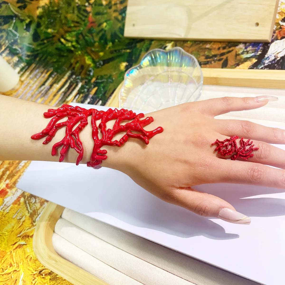 Ocean Style Coral Hollow Necklace, Bracelet, Ring Set,New Fashion Jewelry Adjustable Elastic Bracelet Accessories Unique Gift 3