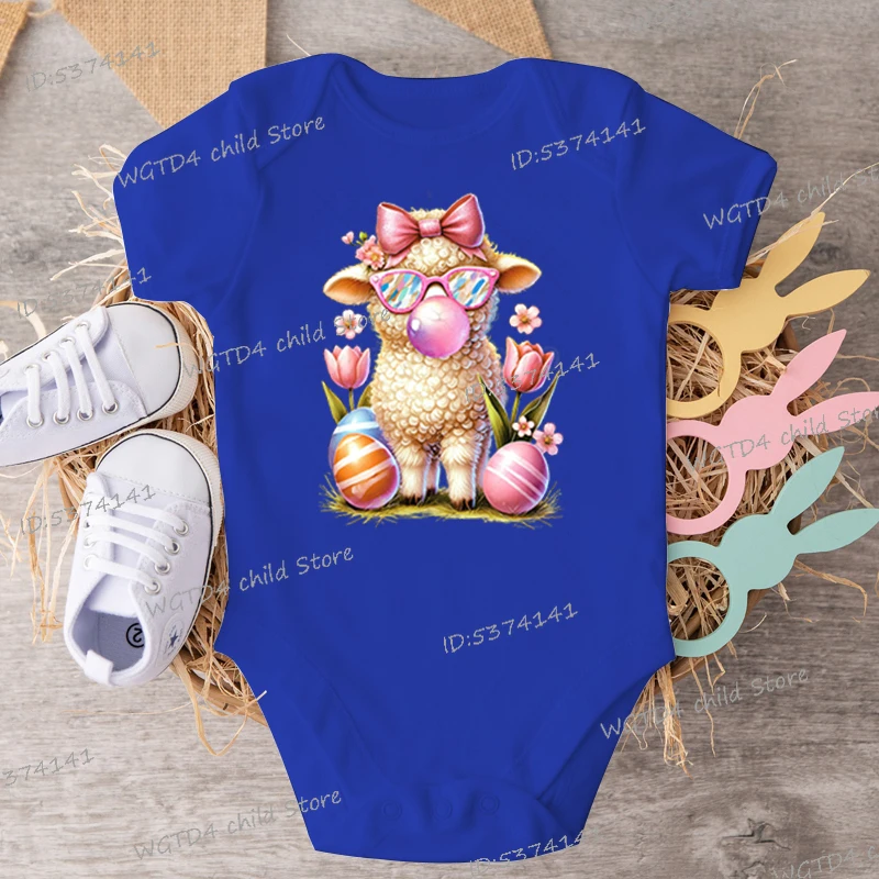 Short Sleeve Easter Romper Infant Jumpsuit Cartoon Sheep Blowing Bubble Print Onesies Newborn Girl Boy Cotton Easter Bodysuits 3