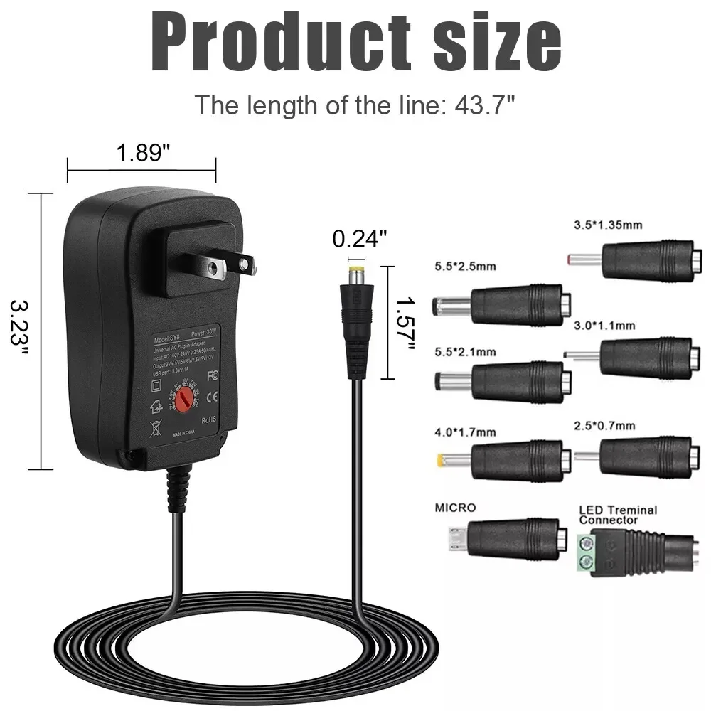 30W Universal Power Adapter Adjustable Voltage AC/DC Supply 8 Tips For EU US UK AU Plugs Worldwide Charging Compatible power adapter