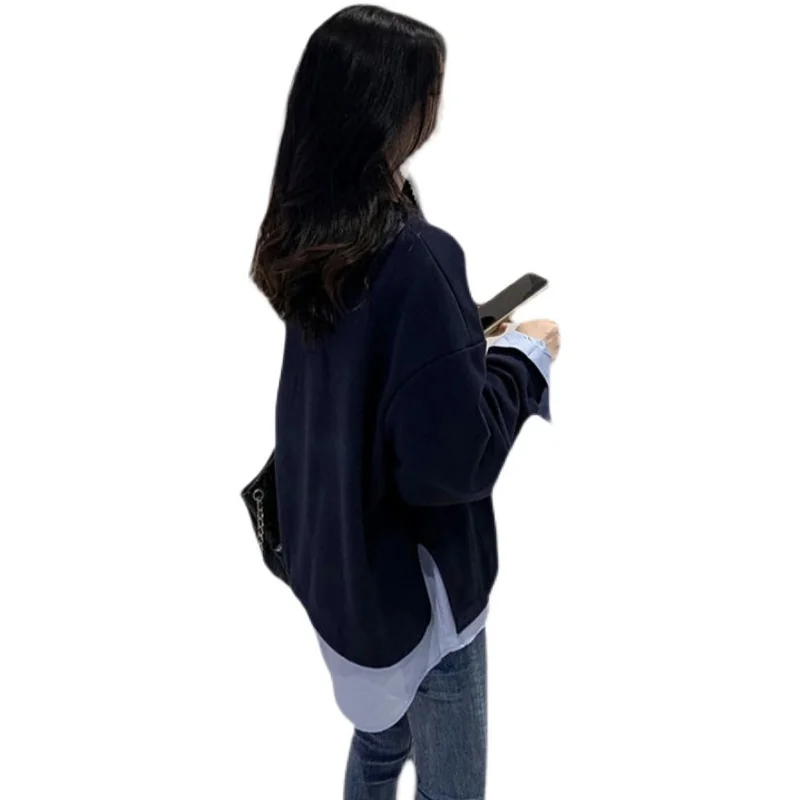 2025 Spring and Autumn Pregnant Women Fashion Style Loose Fleece Jacket Navy Blue Maternity Sweatshirts Casual Pregnancy Hoodies 4