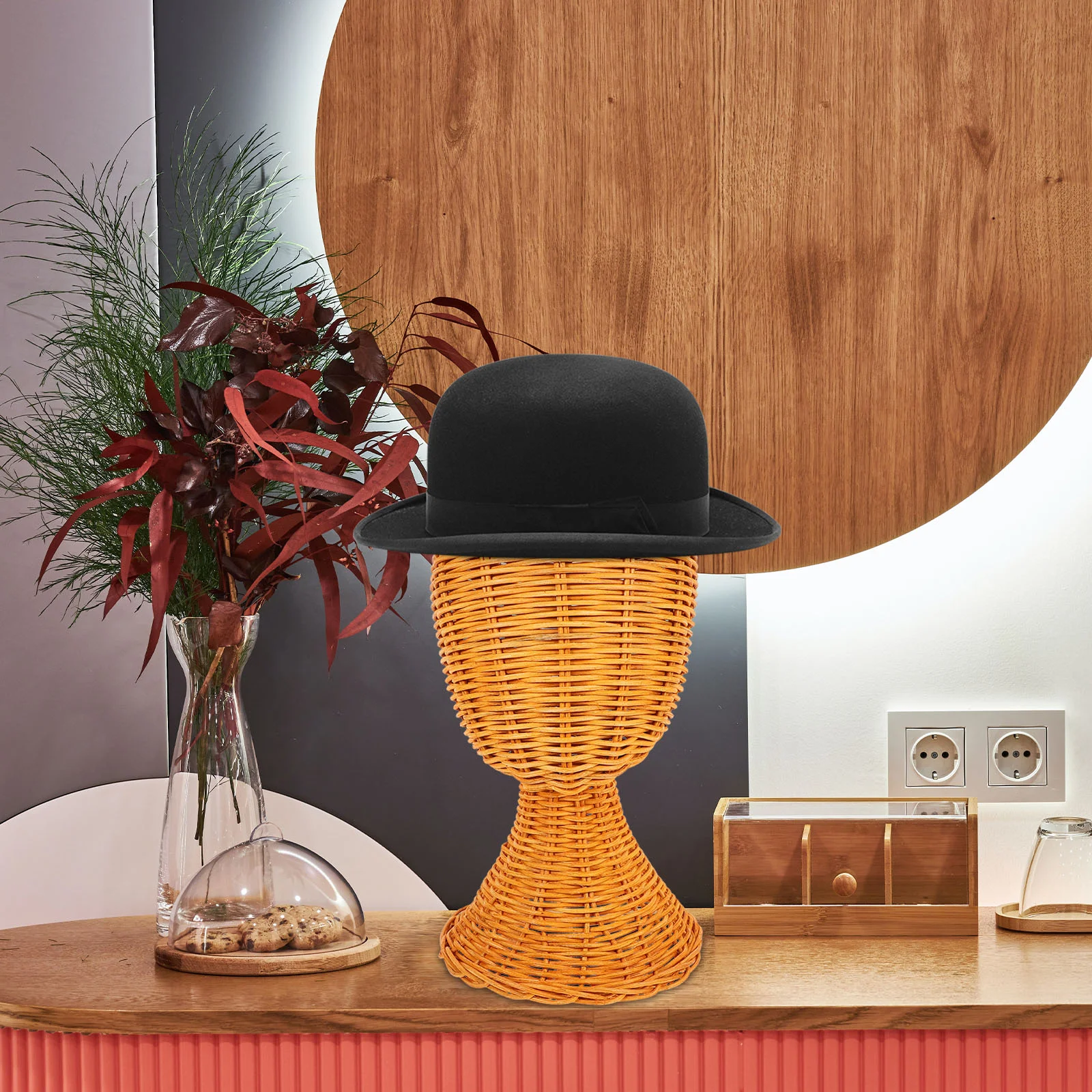 Rattan Hat Display Stand Mannequin Model Head Container Beige Cap Holder Stands Carrier for Travel Baby 6