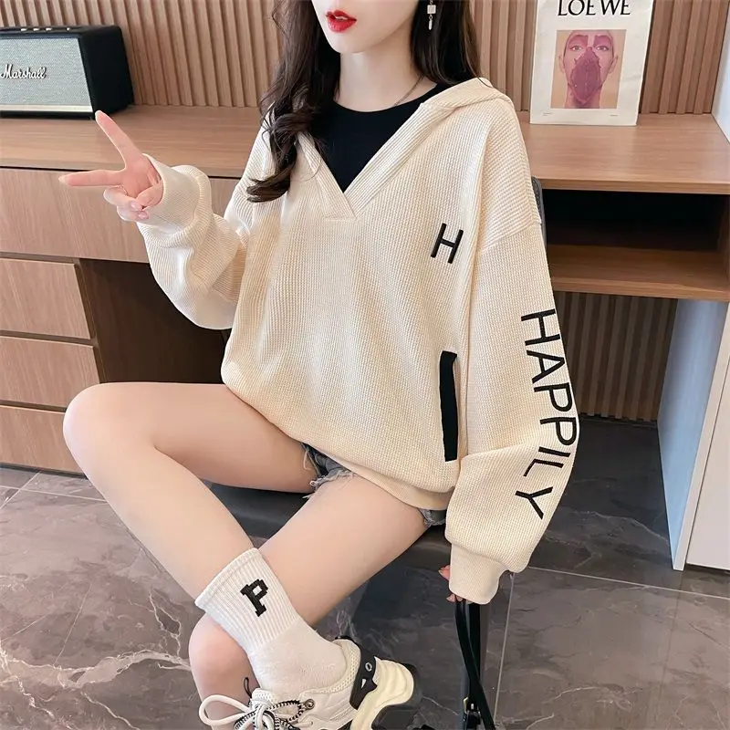 Fashion Printed Spliced Hooded Sweatshirts Female Clothing 2023 Autumn Winter Loose Casual Tops Fake Two Pieces Sweatshirts