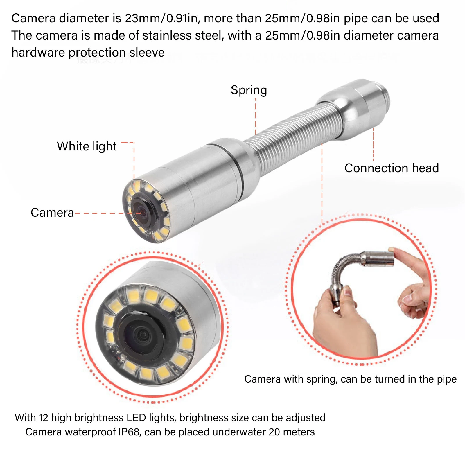23mm Sewer Inspection Camera Head Professional IP68 Waterproof Pipe Drain Endoscope Camera Accessory with 12 LED Lights