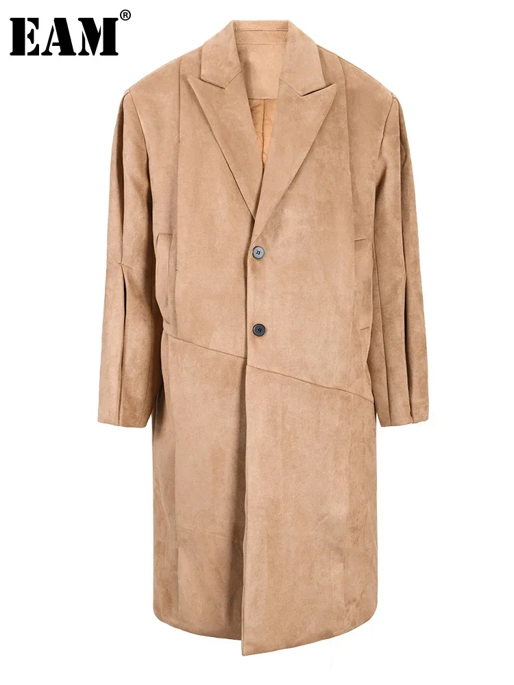

[EAM] Loose Fit Khaki Big Size Thick Suede Jacket New Lapel Long Sleeve Women Coat Fashion Tide Autumn Winter 2024 CPG0745